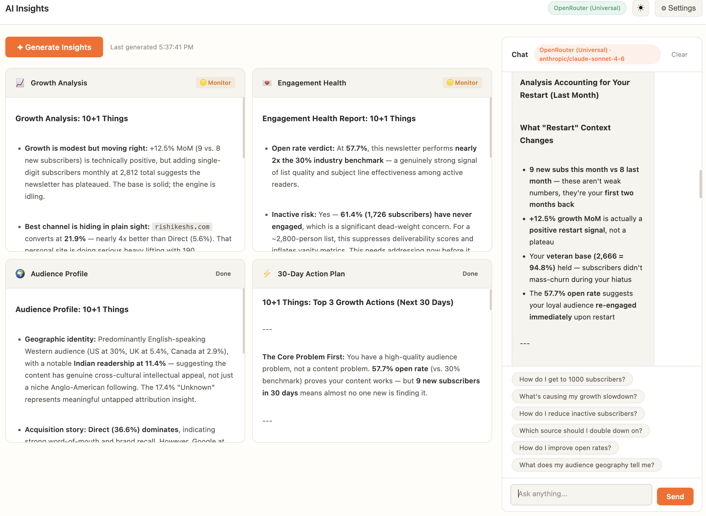 AI Insights tab with Generate Insights button and populated cards