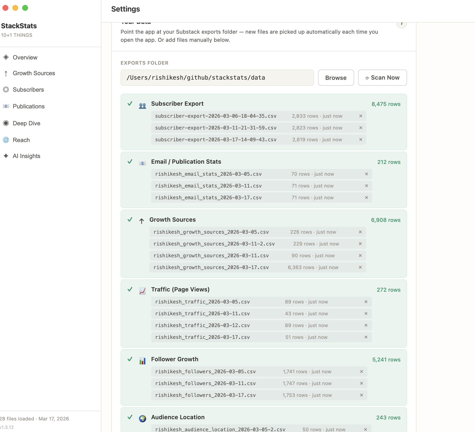 Settings showing loaded files with green checkmarks
