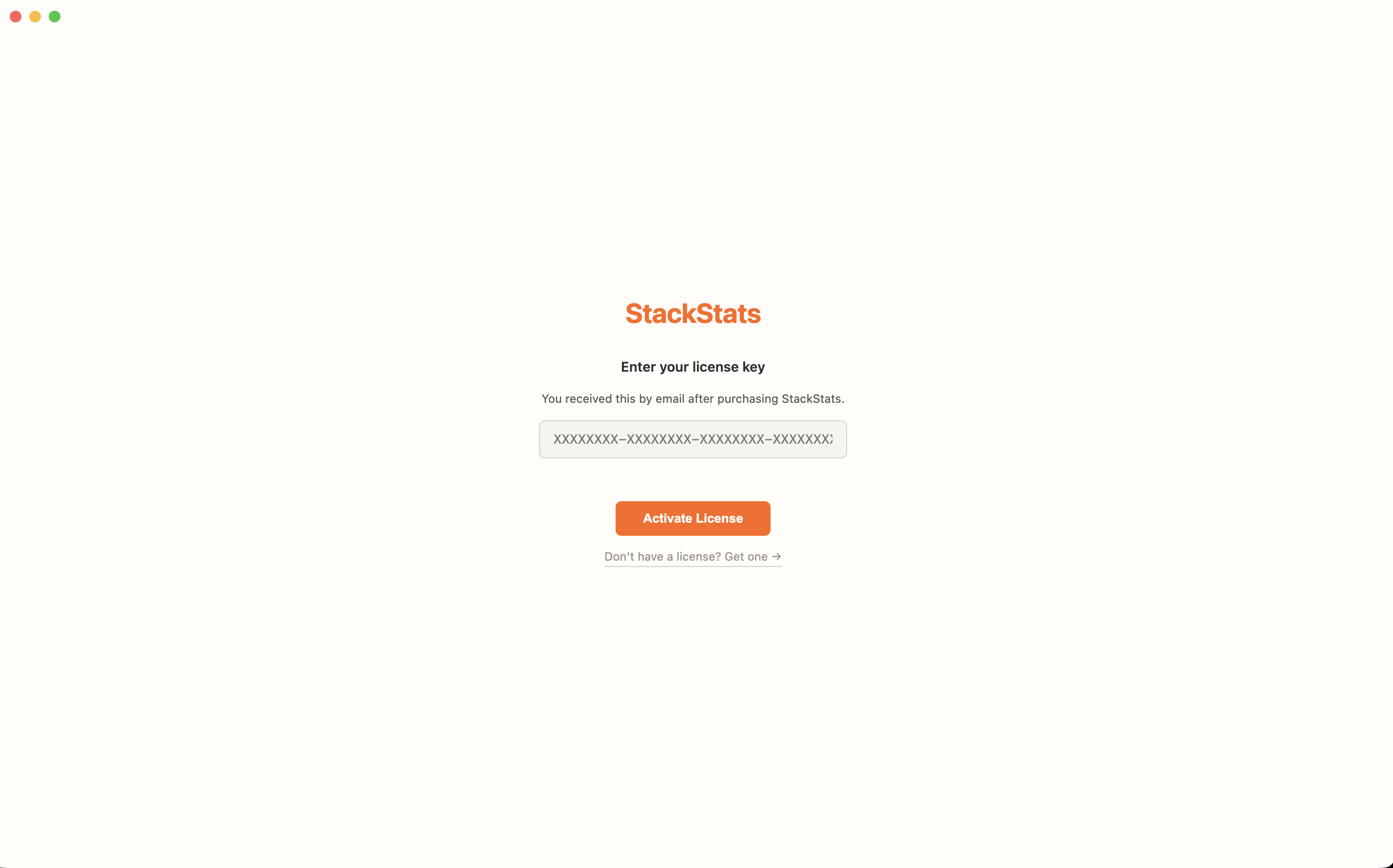 StackStats license entry screen