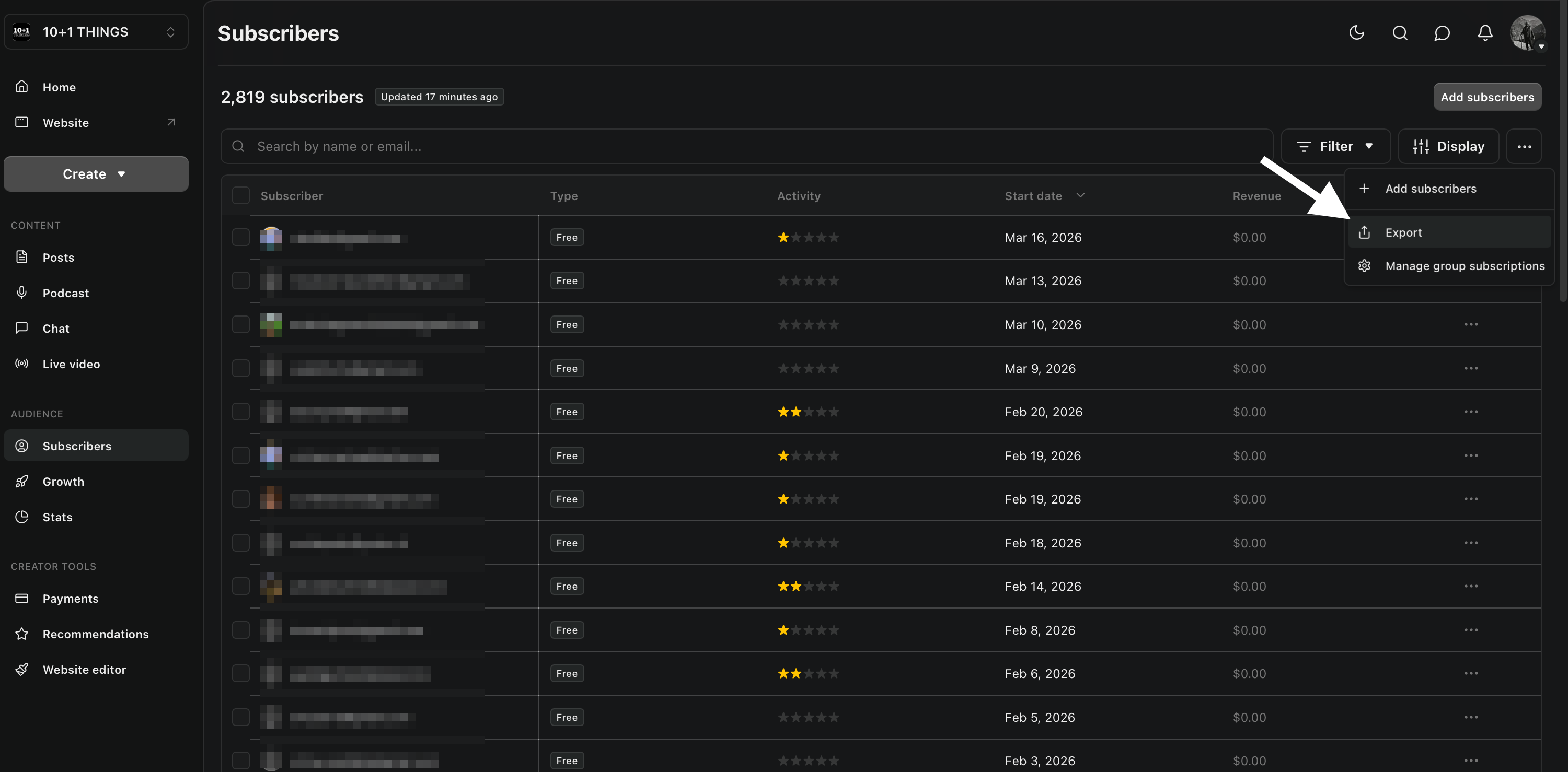 Audience table 3 dots menu showing Export all columns